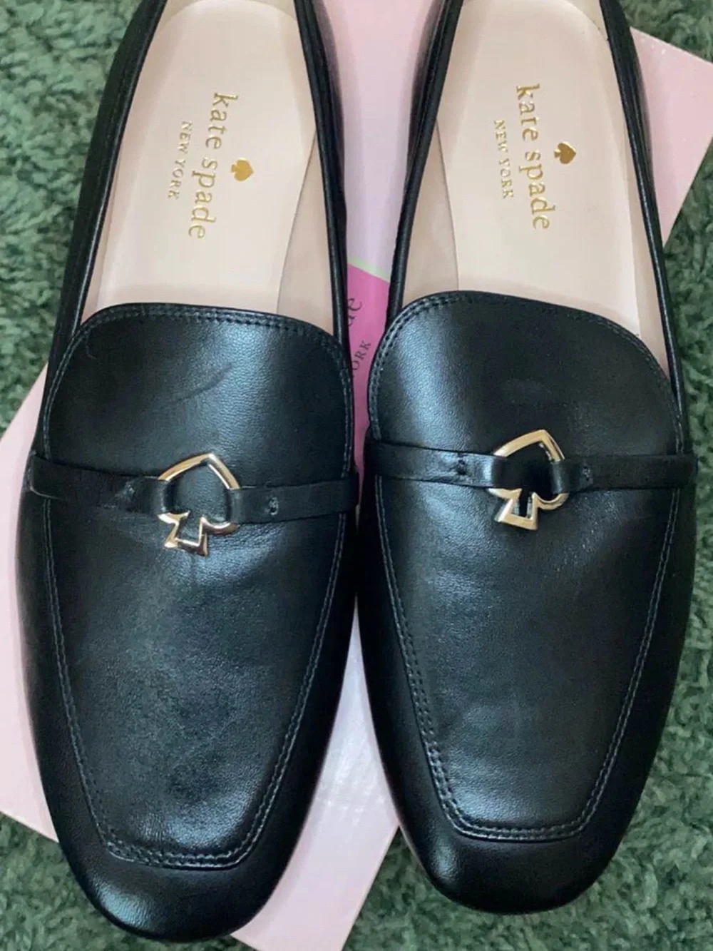 kate spade Black Leather Slip-On Loafers with Gold Spade Accent